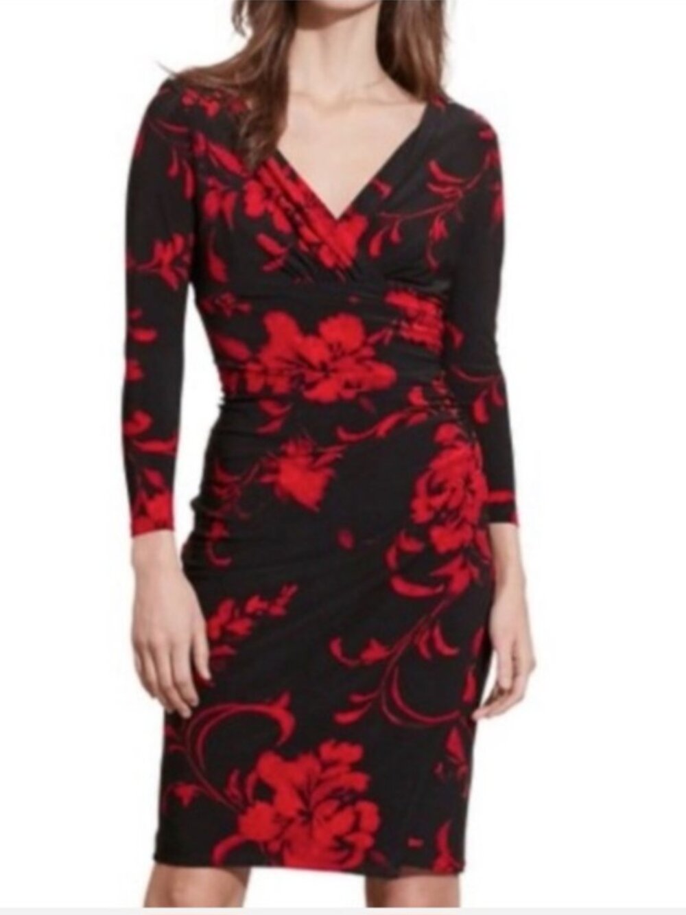Lauren Ralph Lauren Dress Womens 4 Black Red Floral Faux Wrap Ruched Sheath Midi